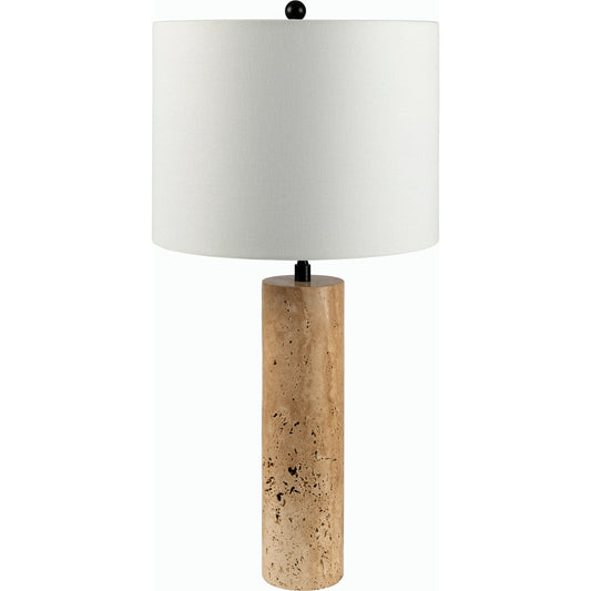 Aurembra Accent Table Lamp by Surya in body: amber, black, shade (outside): cream, shade (inside): white, finial: black, harp: metallic - gold, cord: translucent and naturalmattematte. Made from travertine, iron, linen, poly
