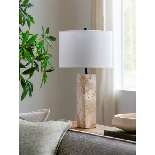Aurembra Accent Table Lamp by Surya in body: amber, black, shade (outside): cream, shade (inside): white, finial: black, harp: metallic - gold, cord: translucent and naturalmattematte. Made from travertine, iron, linen, polyest