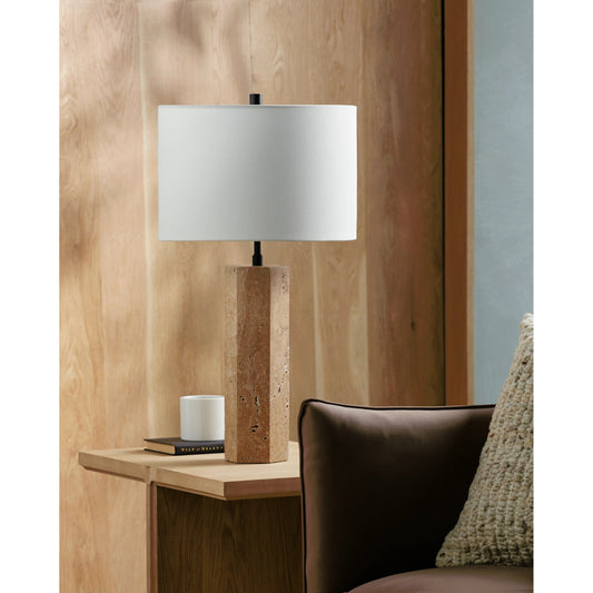 Aurembra Accent Table Lamp by Surya in body: amber, black, shade (outside): cream, shade (inside): white, finial: black, harp: metallic - gold, cord: translucent and naturalmattematte. Made from travertine, iron, linen, polyest