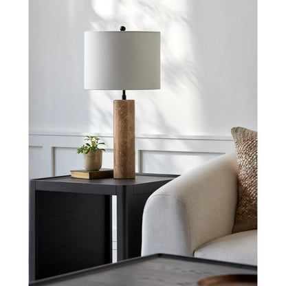 Aurembra Accent Table Lamp by Surya in body: amber, black, shade (outside): cream, shade (inside): white, finial: black, harp: metallic - gold, cord: translucent and naturalmattematte. Made from travertine, iron, linen, polyest