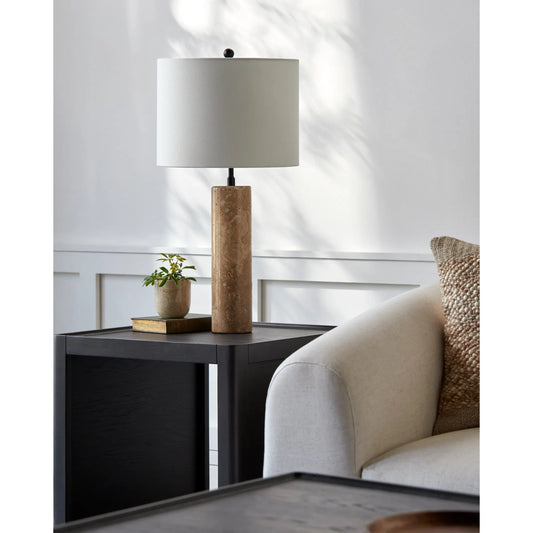 Aurembra Accent Table Lamp by Surya in body: amber, black, shade (outside): cream, shade (inside): white, finial: black, harp: metallic - gold, cord: translucent and naturalmattematte. Made from travertine, iron, linen, polyest