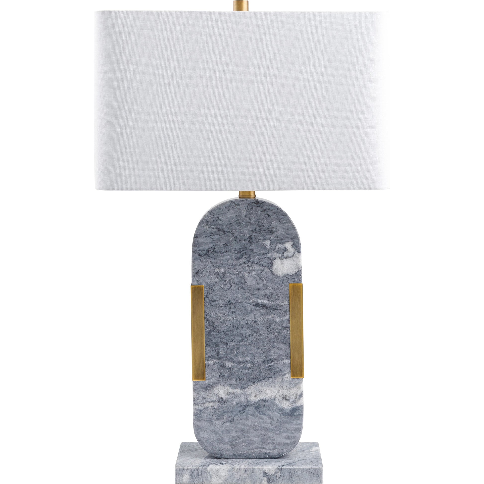 Auroria Table Lamp - 498940 by Surya in translucent, gray, gold, white, metallic gold, metallic brass and gray. Made from body: marble, metal, base: marble, shade (outside): linen, shade (inside): polyester, finial: metal in