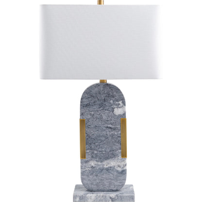 Auroria Table Lamp - 498940 by Surya in translucent, gray, gold, white, metallic gold, metallic brass and gray. Made from body: marble, metal, base: marble, shade (outside): linen, shade (inside): polyester, finial: metal in
