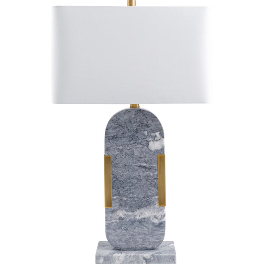 Auroria Table Lamp - 498940 by Surya in gray. Made from body: marble, metal, base: marble, shade (outside): linen, shade (inside): polyester, finial: metal in a modern style.