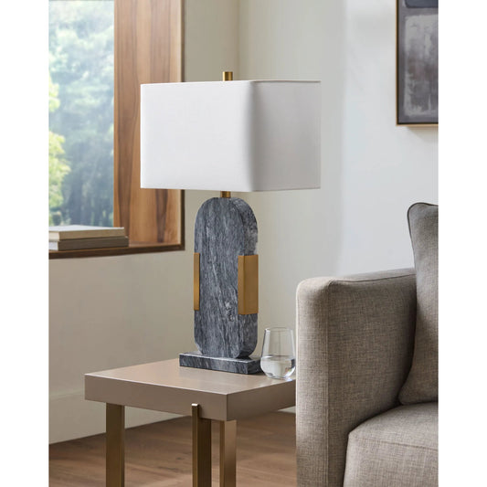 Auroria Table Lamp - 498940 by Surya in gray. Made from body: marble, metal, base: marble, shade (outside): linen, shade (inside): polyester, finial: metal in a modern style.