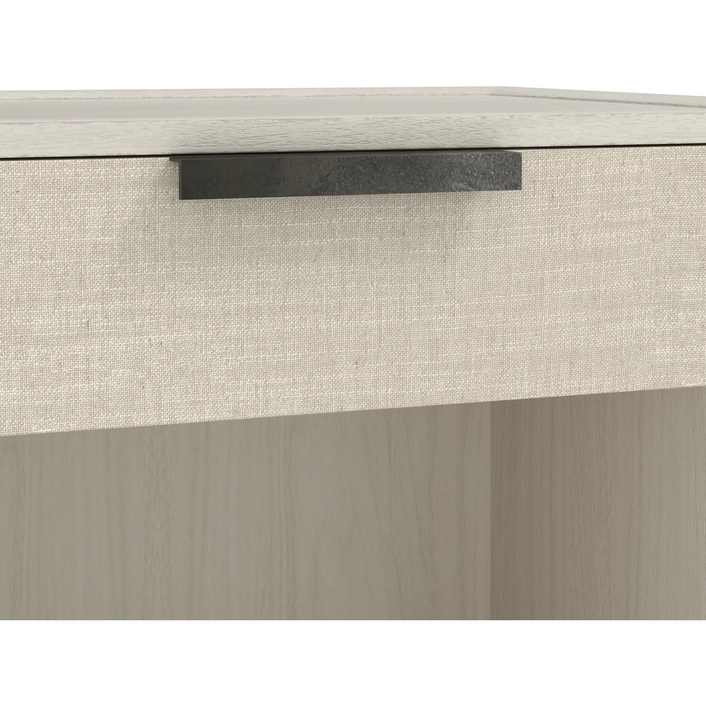 006 SI-2453376 | Closeup | Cotiere Open Nightstand by A.R.T. Furniture in linen. Made from parawood solids, mixed split cathedral, quarter white oak veneers, fabric in a transitional style.