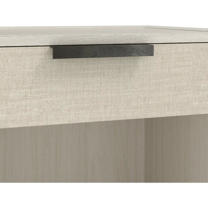 Cotiere Open Nightstand by A.R.T. Furniture in linen. Made from parawood solids, mixed split cathedral, quarter white oak veneers, fabric in a transitional style.