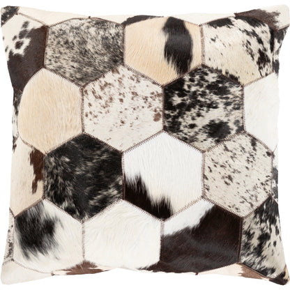 Avani Pillow by Surya in brown, light beige, dark brown, black, white. Made from front: 100% hair on hide, back: 80% polyester, 20% cotton in a modern style.