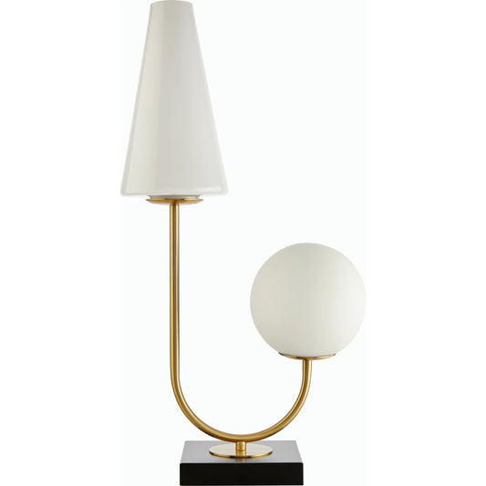 Avalora Accent Lamp by Surya in metallic brass, black, translucent. Made from metal, glass in a modern style.