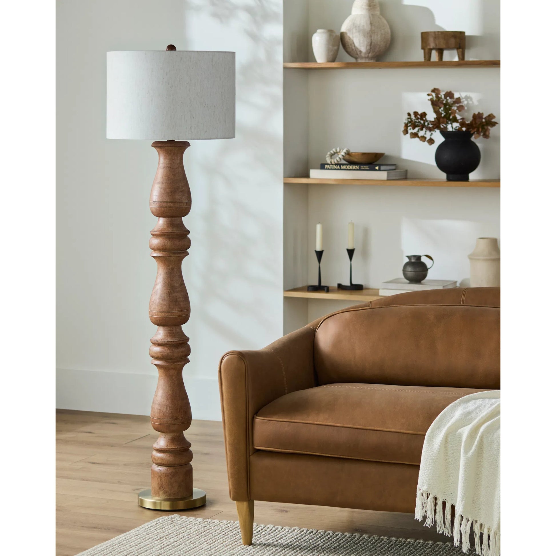 Alvimare Light Wood Accent Floor Lamp by Surya. Made from resin, iron, linen, polyester in a transitional style.