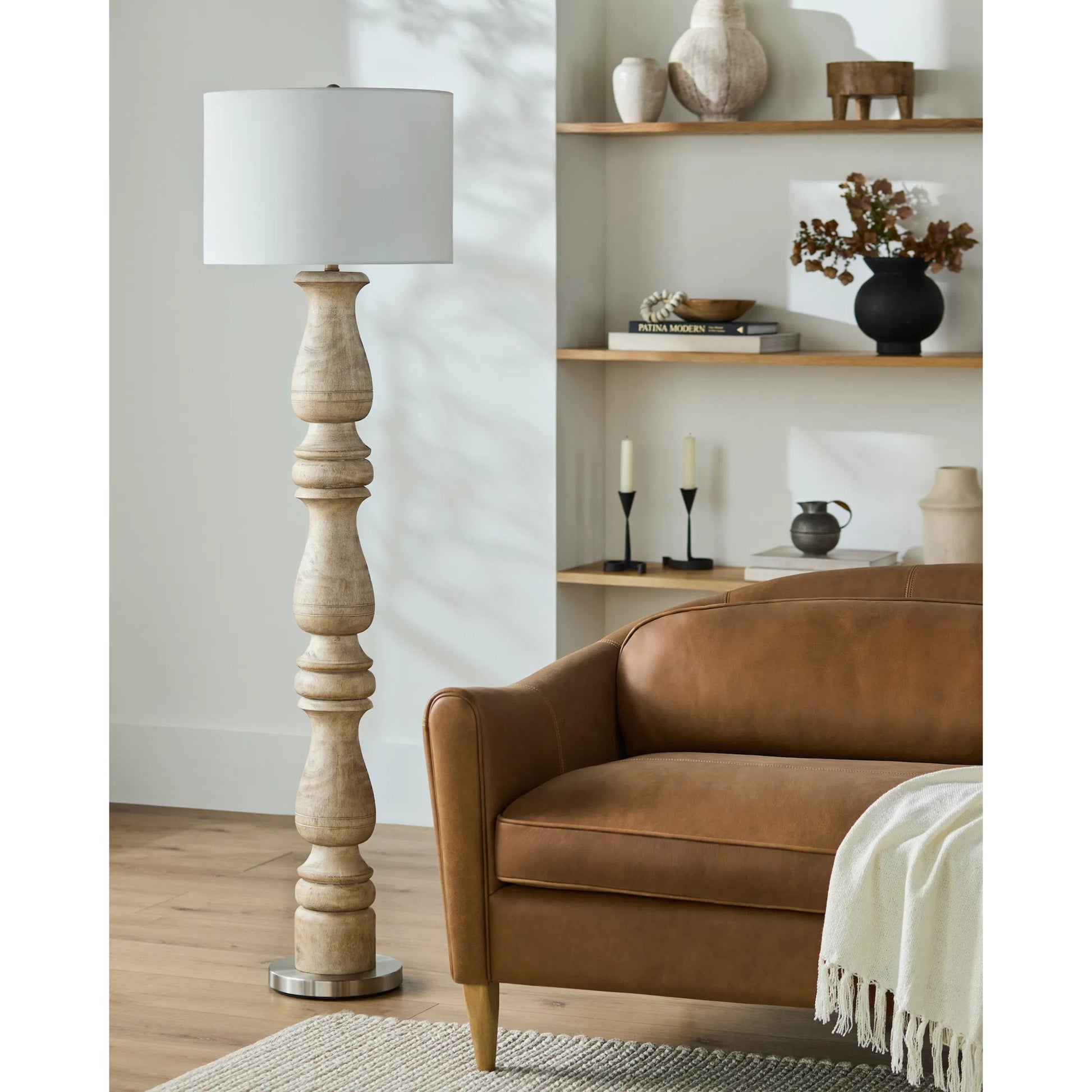 Alvimare Light Wood Accent Floor Lamp by Surya. Made from resin, iron, linen, polyester in a transitional style.