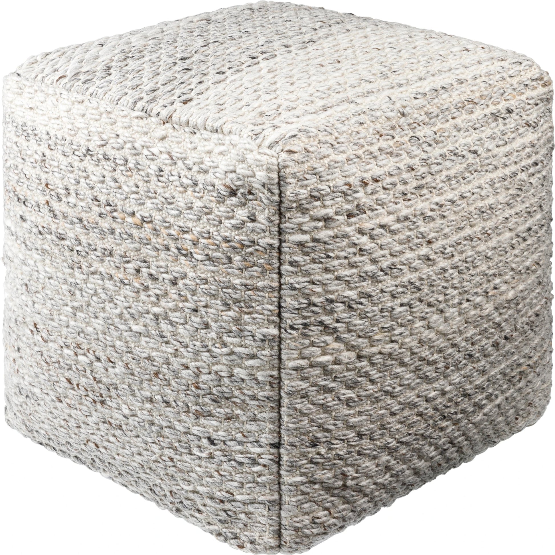 Averill Indoor/Outdoor Pouf by Surya in light silver, off-white, light grey, silver, ash. Made from top: 100% recycled pet yarn, bottom: 100% polyester, fill: 100% polybeads in a modern style.