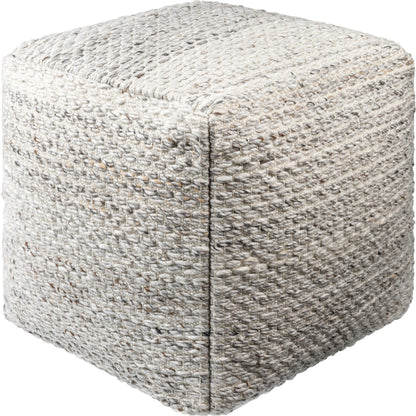 Averill Indoor/Outdoor Pouf by Surya in light silver, off-white, light grey, silver, ash. Made from top: 100% recycled pet yarn, bottom: 100% polyester, fill: 100% polybeads in a modern style.