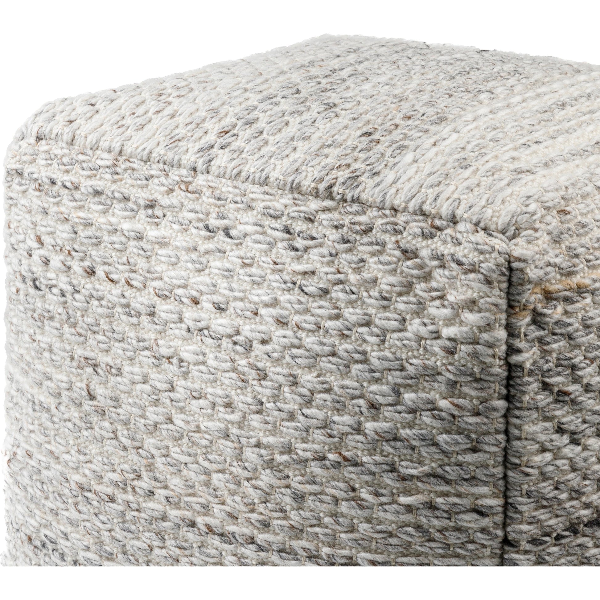 Averill Indoor/Outdoor Pouf by Surya in light silver, off-white, light grey, silver, ash. Made from top: 100% recycled pet yarn, bottom: 100% polyester, fill: 100% polybeads in a modern style.