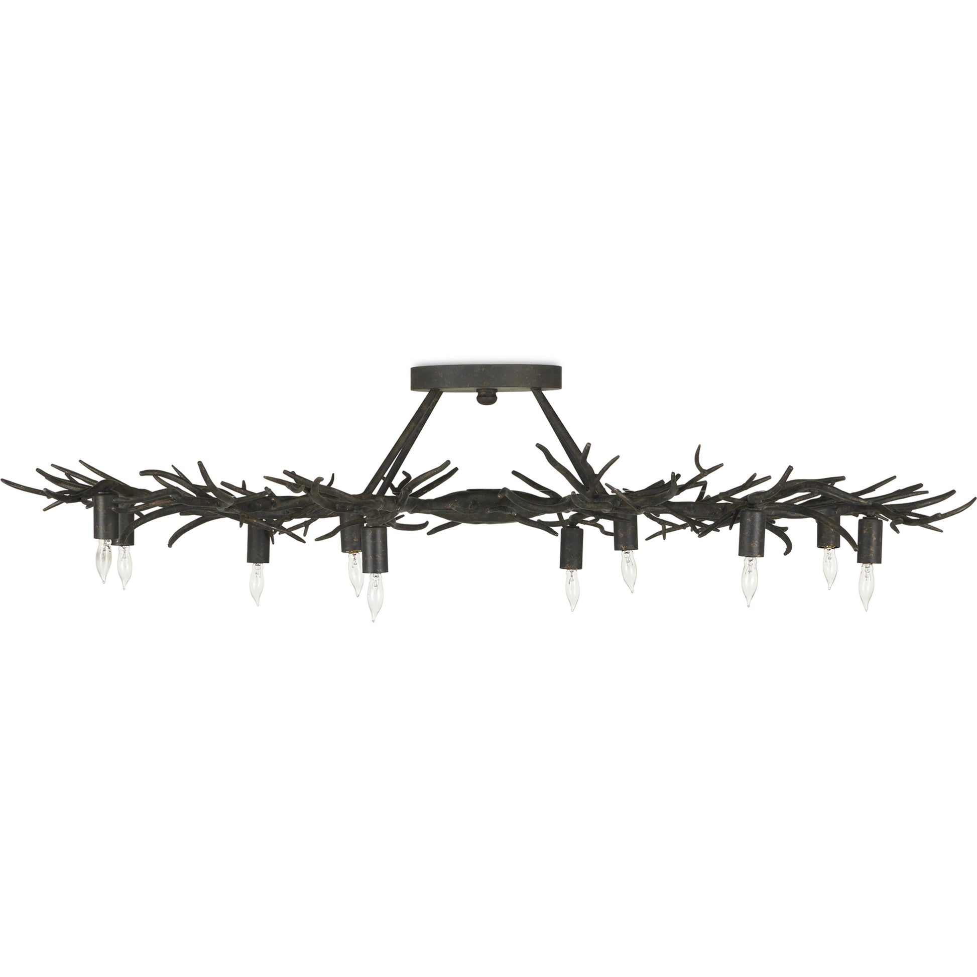 Rainforest Semi-Flush by Currey and Company in rustic bronze. Made from wrought iron in a modern style.
