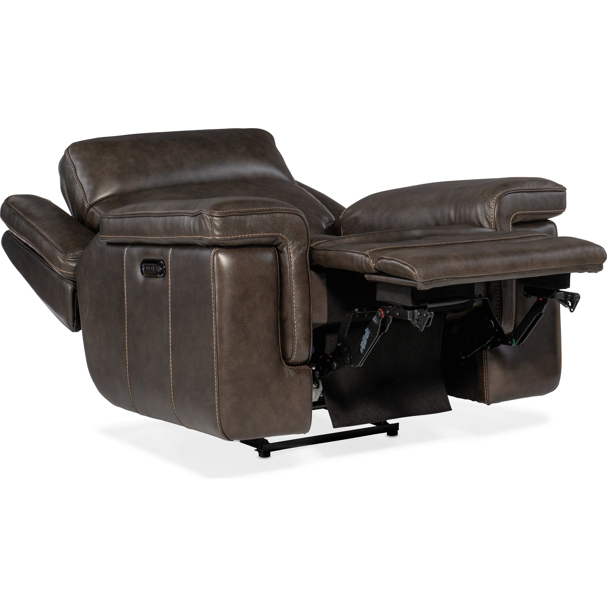 Montel Lay Flat Power Recliner by Hooker Furniture in cosmos cobalt. Made from leather in a traditional style.