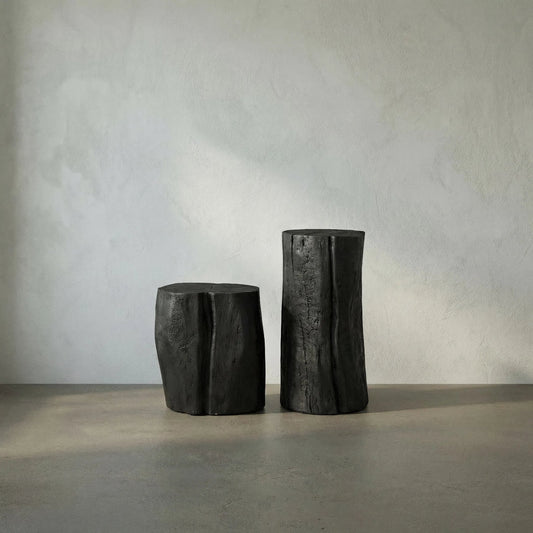 Budi Side Table (Set of 2) by Noir in burnt black. Made from munggur in a rustic style.