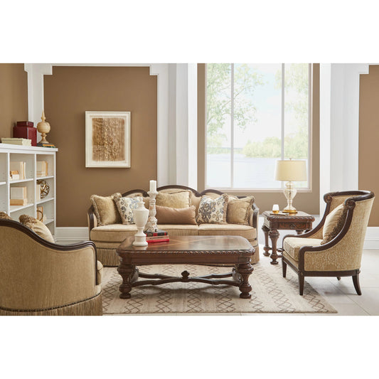 Giovanna Azure Carved Wood Accent Chair by A.R.T. Furniture in beige and gables. Made from fabric in a traditional style.
