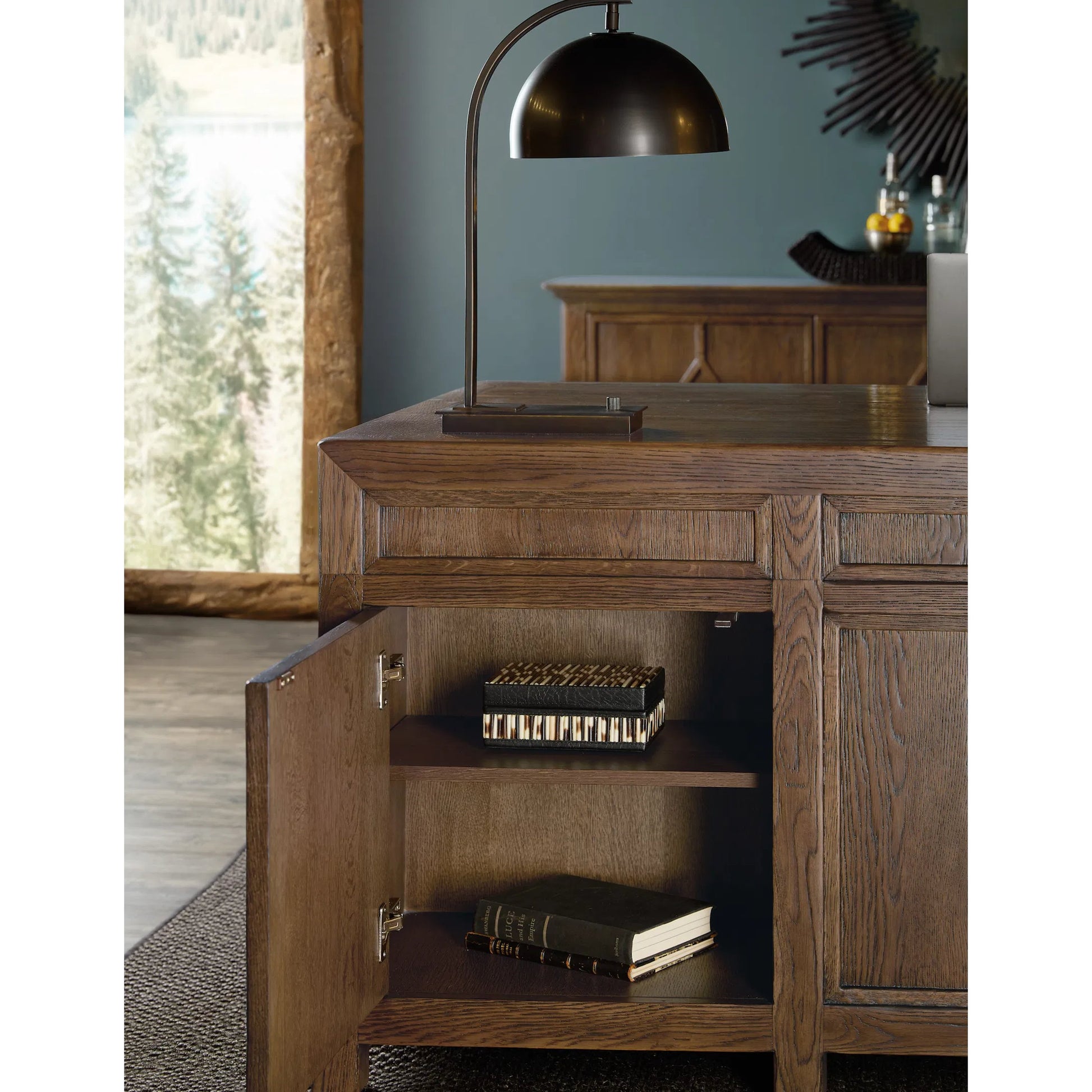 Driftwood Executive Desk by Hooker Furniture. Made from oak solids, oak veneers in a transitional style.