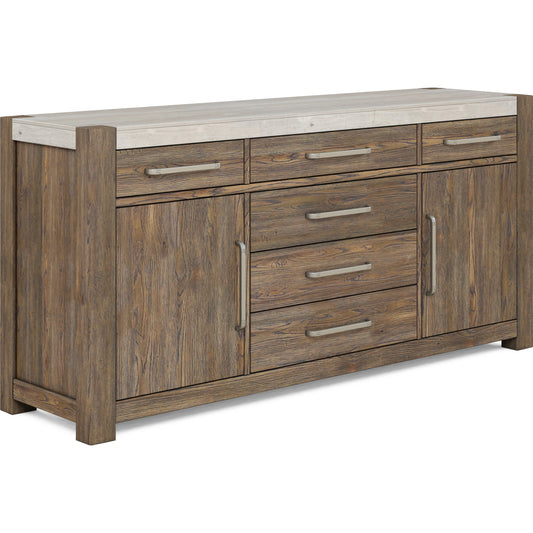 Stockyard Credenza by A.R.T. Furniture in smoked. Made from ash solids, knotty white oak veneers, travertine in a modern style.