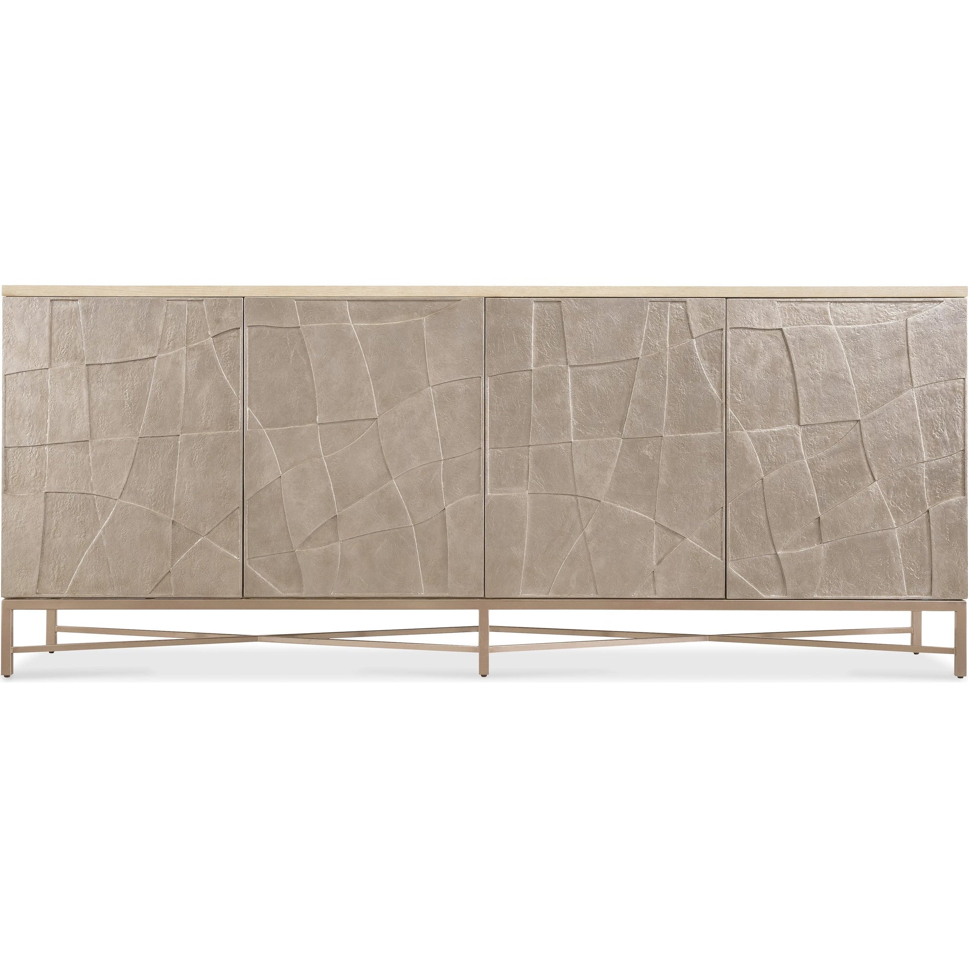 Westwood Credenza by Hooker Furniture in venetian dawn silver-leaf and polished limestone. Made from oak veneers in a modern style.