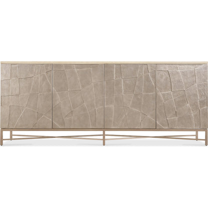 Westwood Credenza by Hooker Furniture in venetian dawn silver-leaf and polished limestone. Made from oak veneers in a modern style.