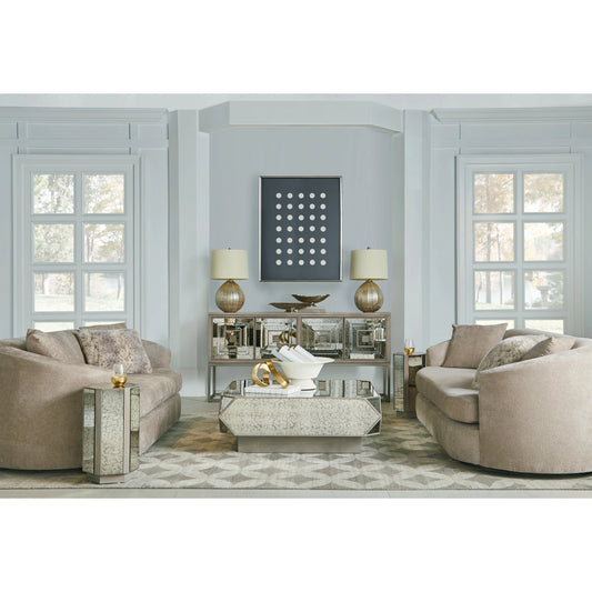 Mezzanine Spot Table by A.R.T. Furniture in dove gray. Made from parawood, poplar solids, mirror in a modern style.