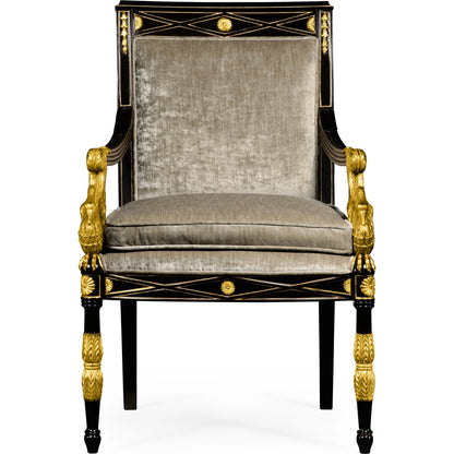 Tribeca Swan Arm Chair by Jonathan Charles in black and painted formal black. Made from acacia in a traditional style.