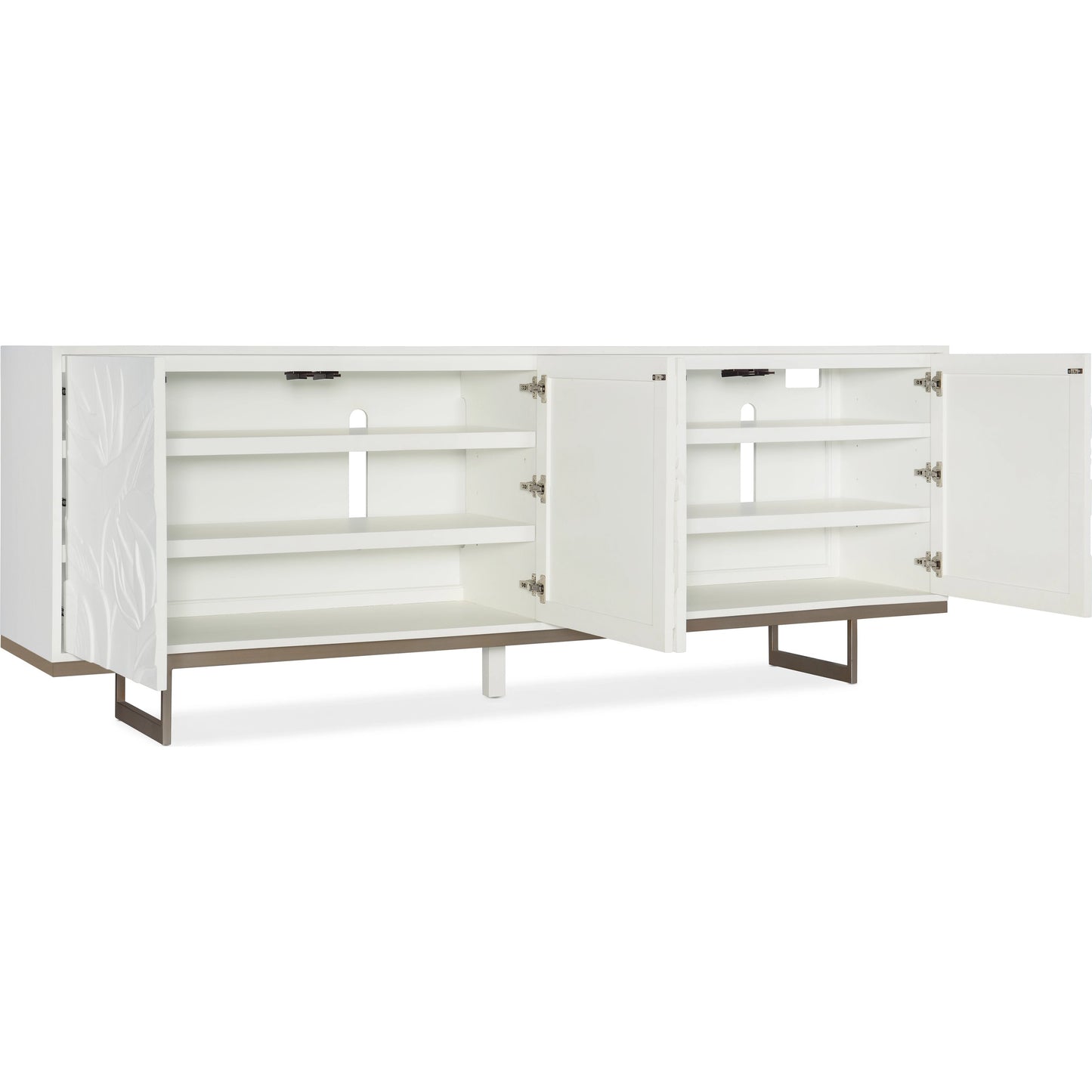 002 SI-1900826 | Additional Silo | Melange Passerine Four Door Credenza by Hooker Furniture in white. Made from hardwoods with resin, metal in a modern style.