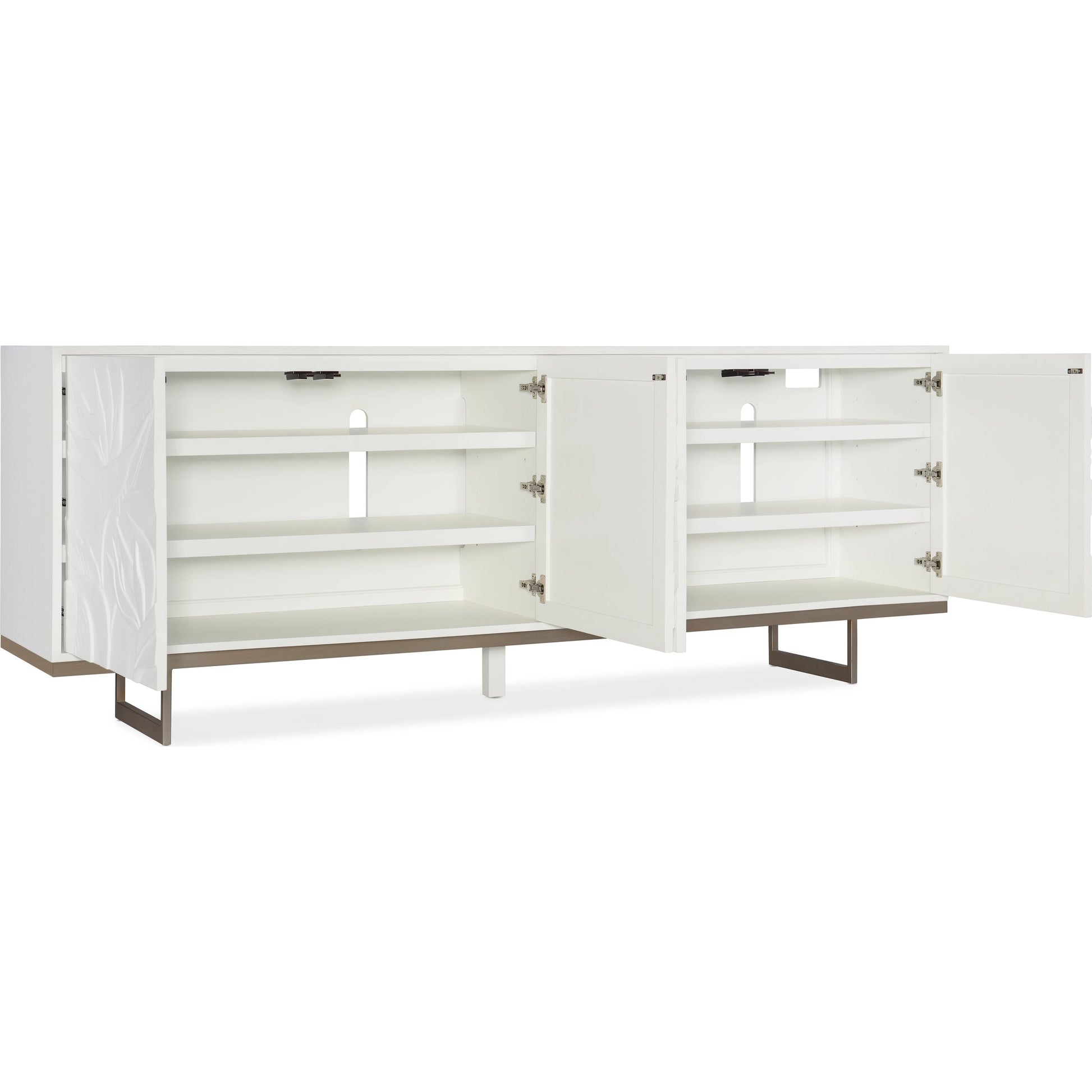 Melange Passerine Four Door Credenza by Hooker Furniture in white. Made from hardwoods with resin, metal in a modern style.