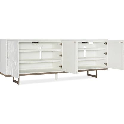 Melange Passerine Four Door Credenza by Hooker Furniture in white. Made from hardwoods with resin, metal in a modern style.