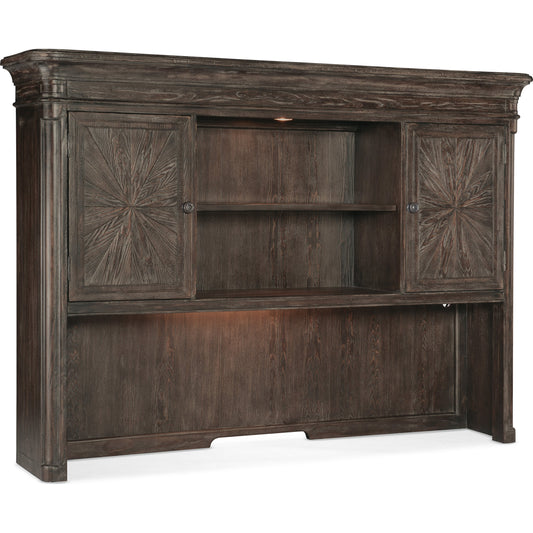 Traditions Computer Credenza Hutch by Hooker Furniture in dark wood. Made from pine, oak veneers with tempered glass in a traditional style.