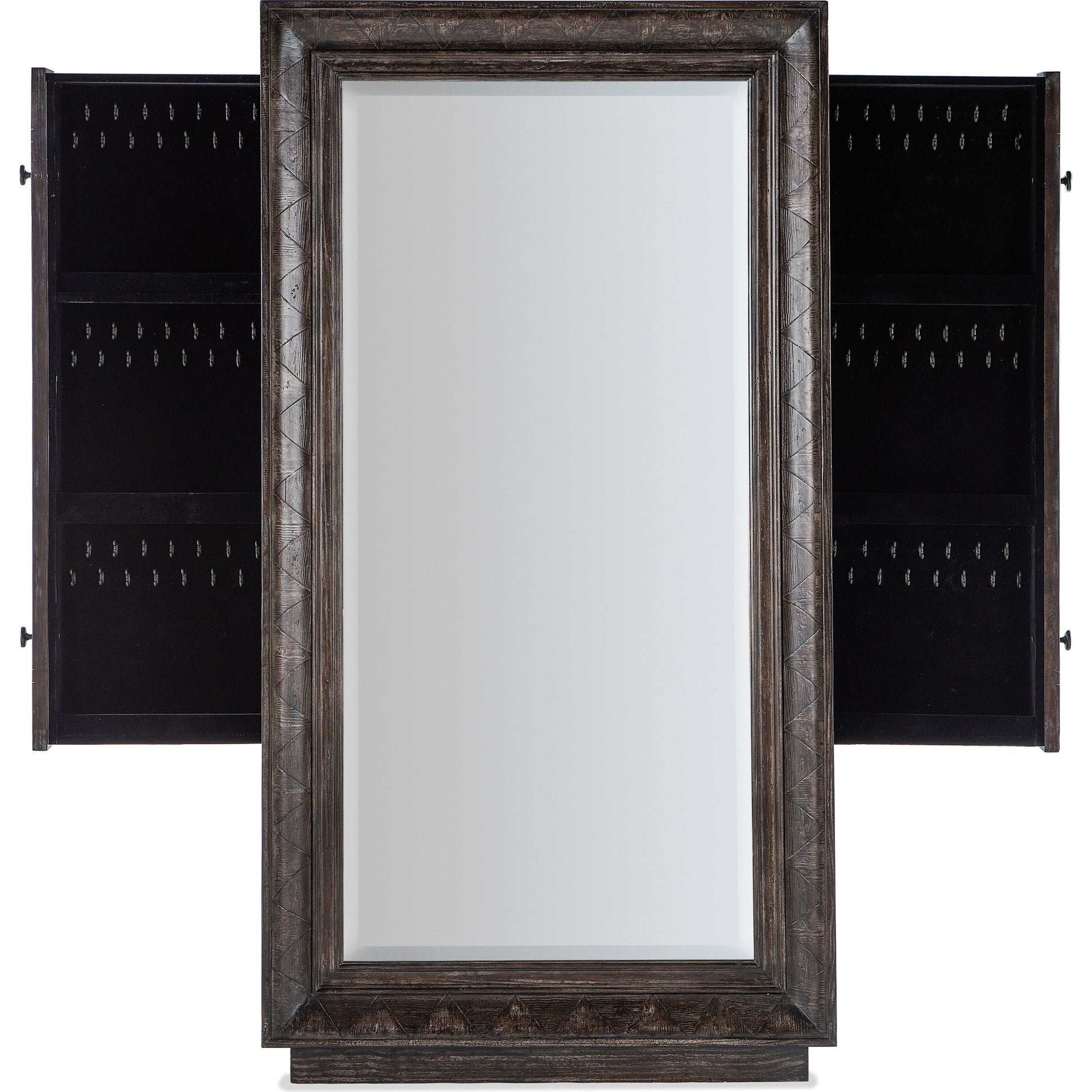 Traditions Floor Mirror by Hooker Furniture in dark wood. Made from pine veneers with mirror, felt, copper, jewelry bags in a transitional style.