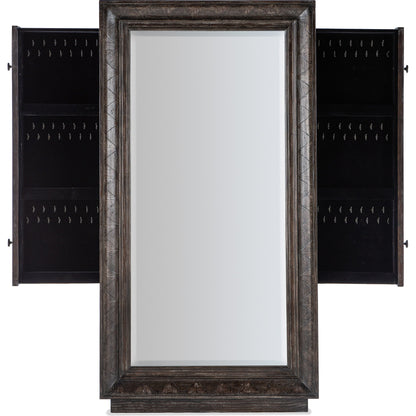 Traditions Floor Mirror by Hooker Furniture in dark wood. Made from pine veneers with mirror, felt, copper, jewelry bags in a transitional style.