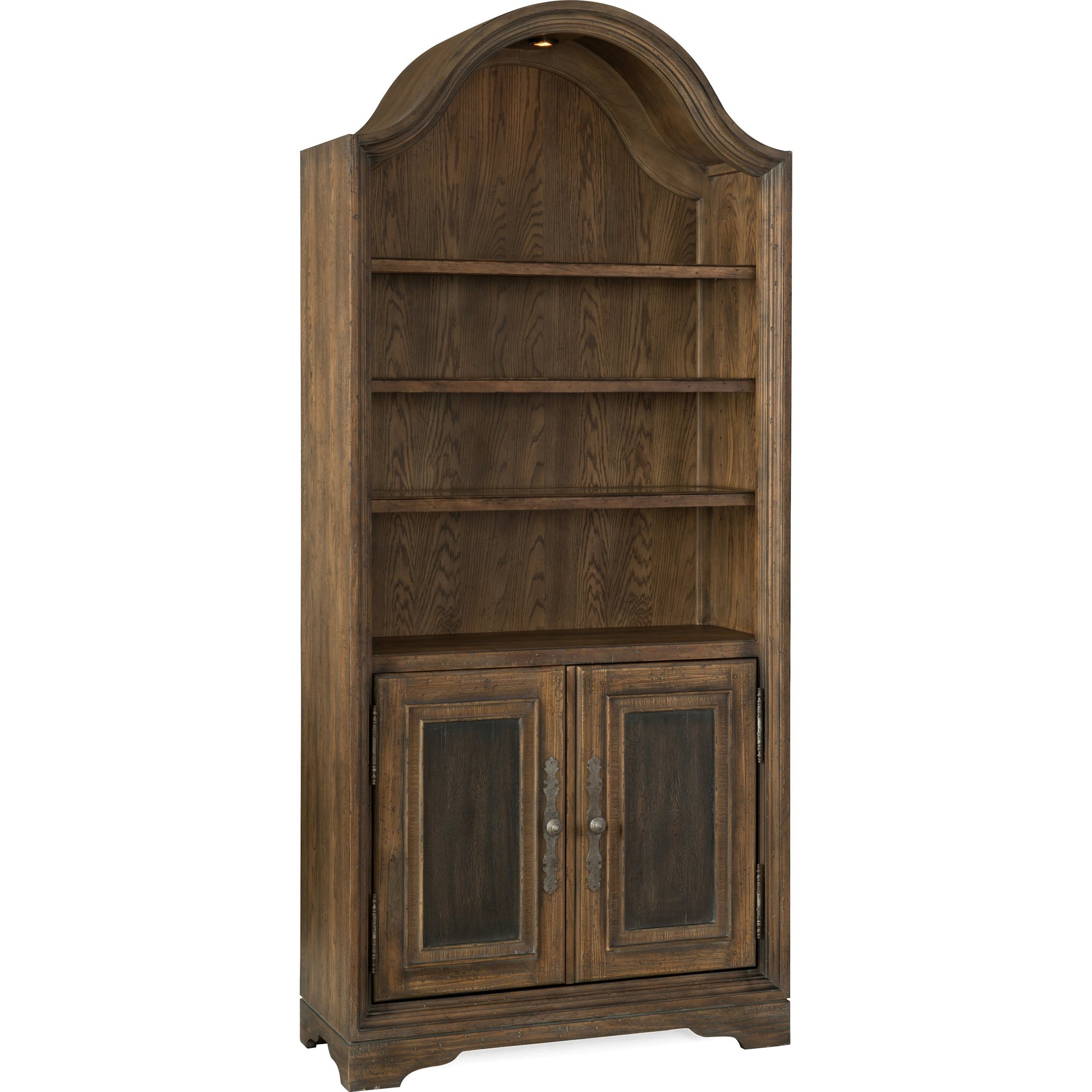 Pleasanton Bookcase by Hooker Furniture in saddle brown. Made from white oak veneers, glass, resin in a traditional style.