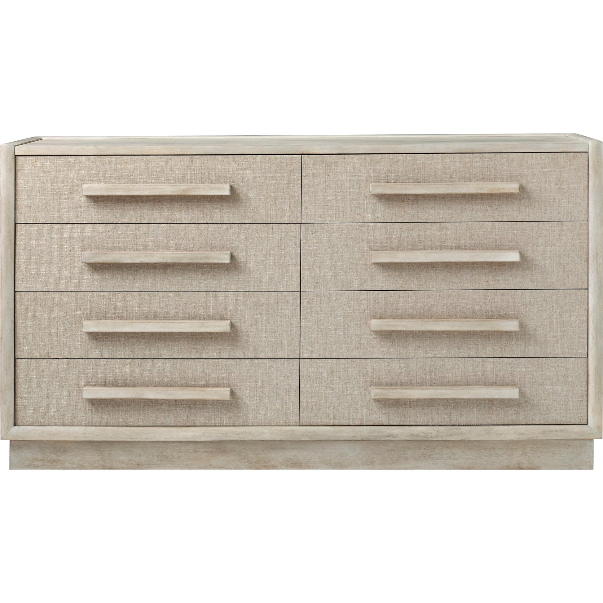 Cotiere Dresser in Beige Linen by A.R.T. Furniture in beige linen. Made from parawood solids, mixed split cathedral and quarter white oak veneers, fabric in a modern style.