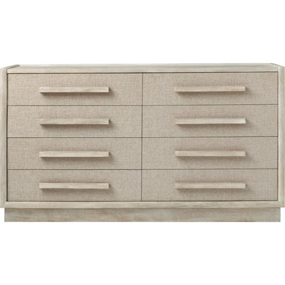 Cotiere Dresser in Beige Linen by A.R.T. Furniture in beige linen. Made from parawood solids, mixed split cathedral and quarter white oak veneers, fabric in a modern style.