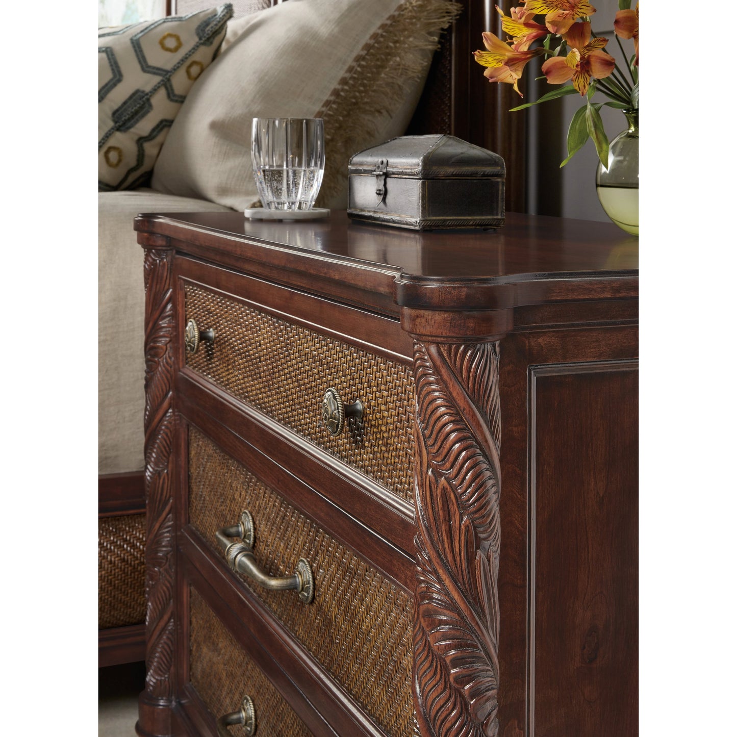 007 SI-2029043 | Lifestyle | Charleston 36" Three-Drawer Nightstand by Hooker Furniture in maraschino cherry. Made from cherry, walnut veneers, walnut inlay, cane, solid-wood edge top in a traditional style.