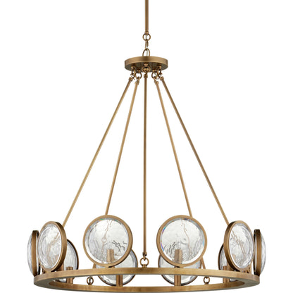 Marjiescope Chandelier by Currey and Company in antique brass. Made from metal, brass, prism optic crystal in a traditional style.