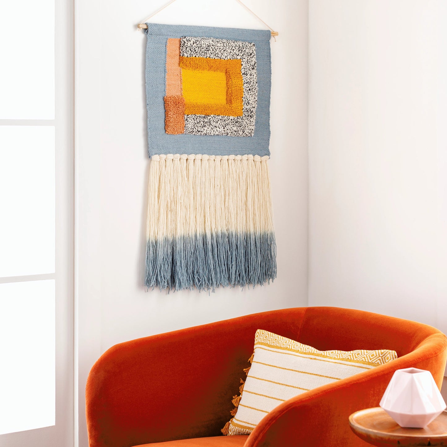 002 SI-1914940 | Lifestyle | Artsy Geo Wall Hanging - 30835 by Surya in blue, white, yellow. Made from main: 70% wool, main: 20% polyester, main: 10% cotton, rod: wood in a modern style.