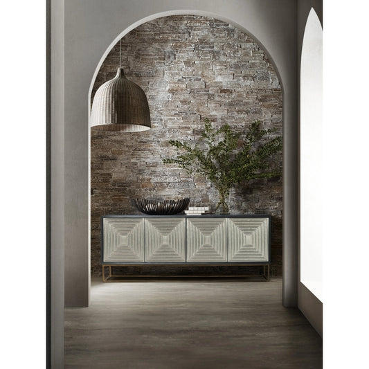 Commerce and Market Dimensions Credenza by Hooker Furniture in black, silver. Made from mango solids, silver clad, iron in a modern style.