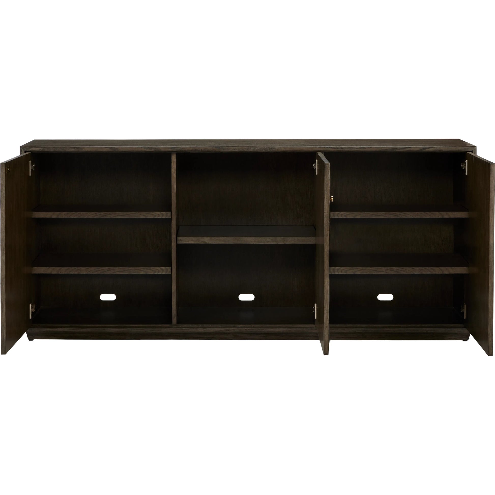 Kendall Credenza by Currey and Company in dove gray, polished brass. Made from oak solids, veneers, brass in a transitional style.