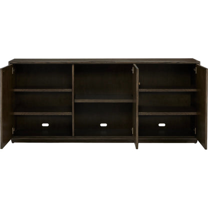 Kendall Credenza by Currey and Company in dove gray, polished brass. Made from oak solids, veneers, brass in a transitional style.