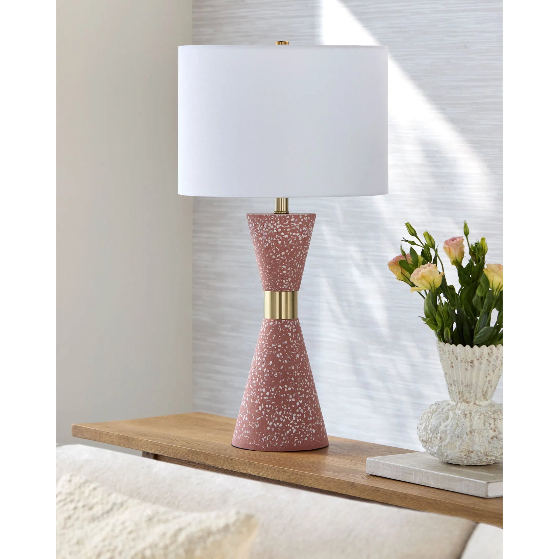 Arroyo AYO-001 Table Lamp by Surya in red, gold, translucent, white, metallic brass and terrazzo red, plated gold. Made from cement, iron, linen, polyester in a eclectic & global style.
