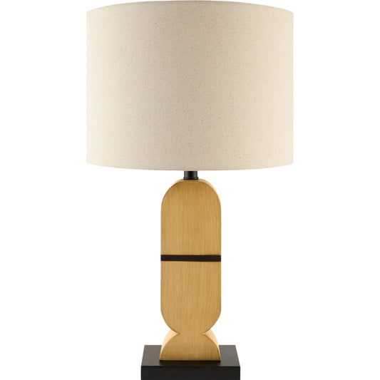 Ayapel Accent Table Lamp by Livabliss in body: brown; base: black; shade (outside): ivory; shade (inside): white; finial: black; harp: metallic - gold; cord: black and hand painted. Made from resin, iron, linen, plastic in a