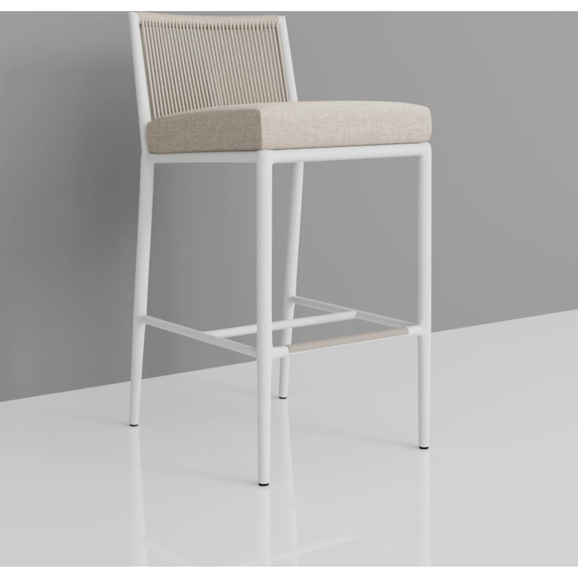 Sabbia Outdoor Counterstool by Sunset West in white. Made from olefin rope in a coastal style.