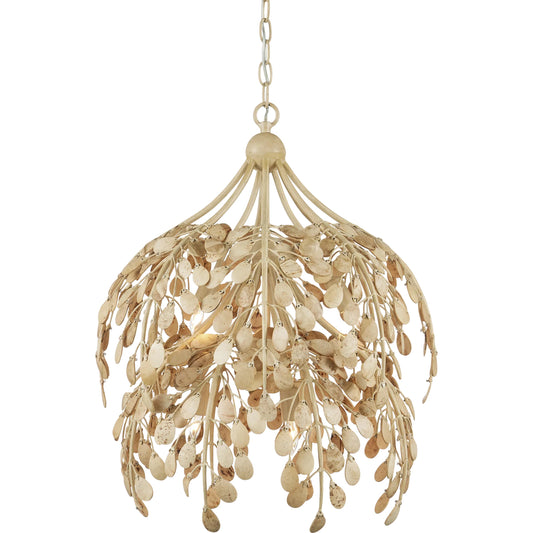 Maypan Pendant by Currey and Company in coco cream, natural. Made from wrought iron, coco shells in a unique style.