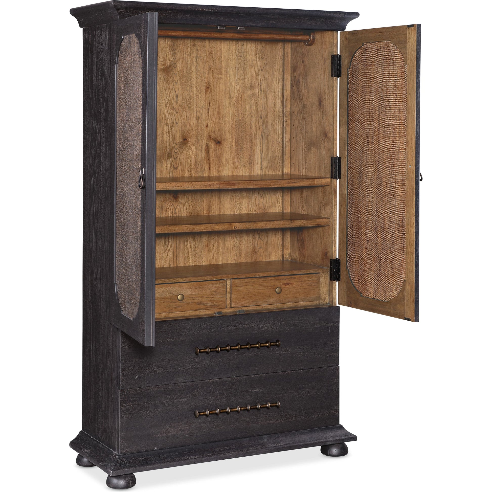 Big Sky Small Wardrobe by Hooker Furniture in charred timber. Made from pecky hickory veneers, burlap in a traditional style.