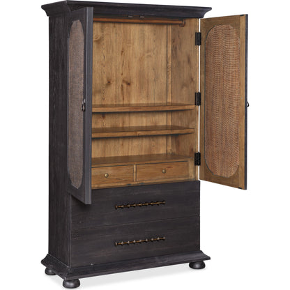 Big Sky Small Wardrobe by Hooker Furniture in charred timber. Made from pecky hickory veneers, burlap in a traditional style.