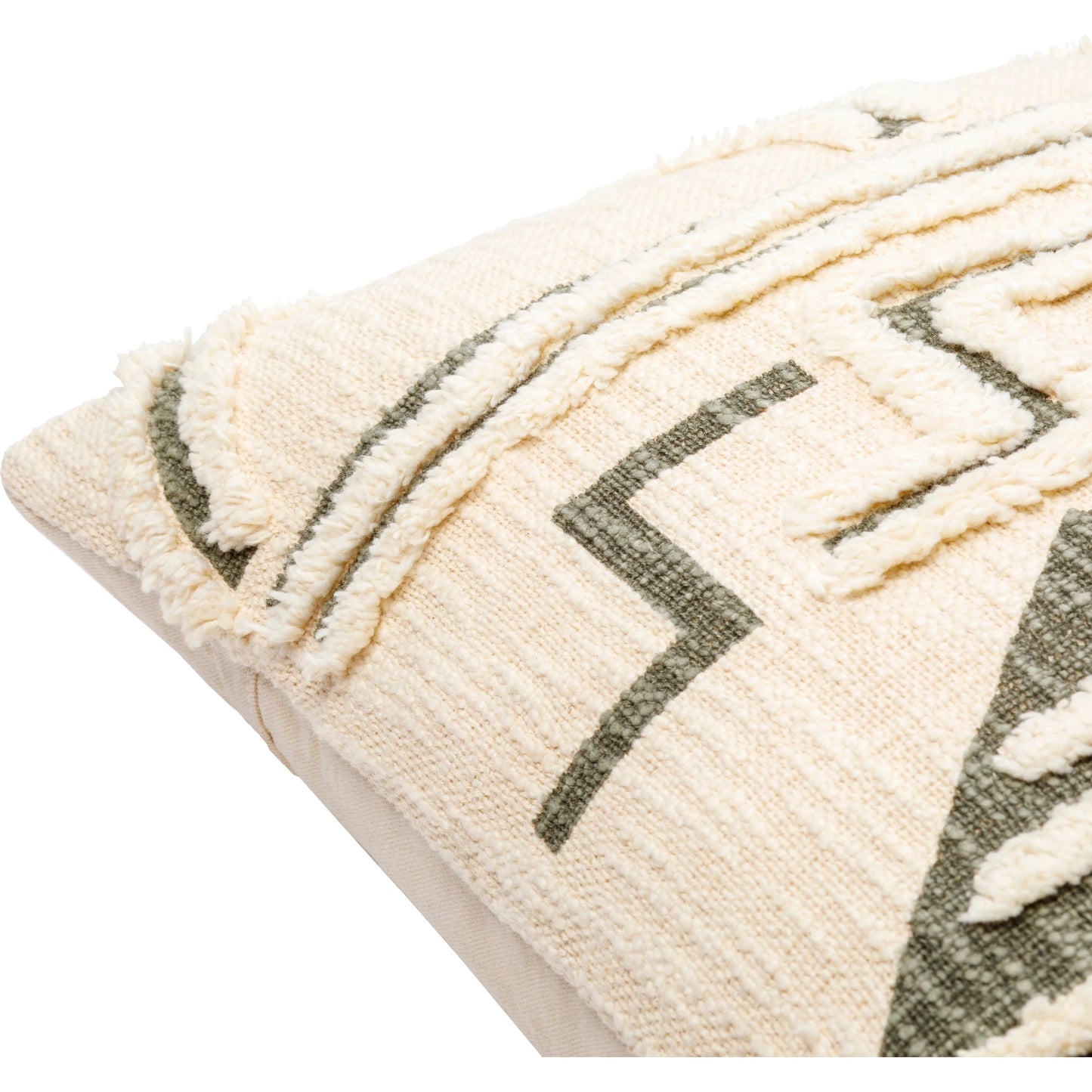 004 SI-1877419,SI-1877420,SI-1877421,SI-1877422,SI-1877423,SI-1877424 | Closeup | Azibo Pillow - 30981 by Surya in medium green, cream. Made from 100% cotton in a eclectic & global style.